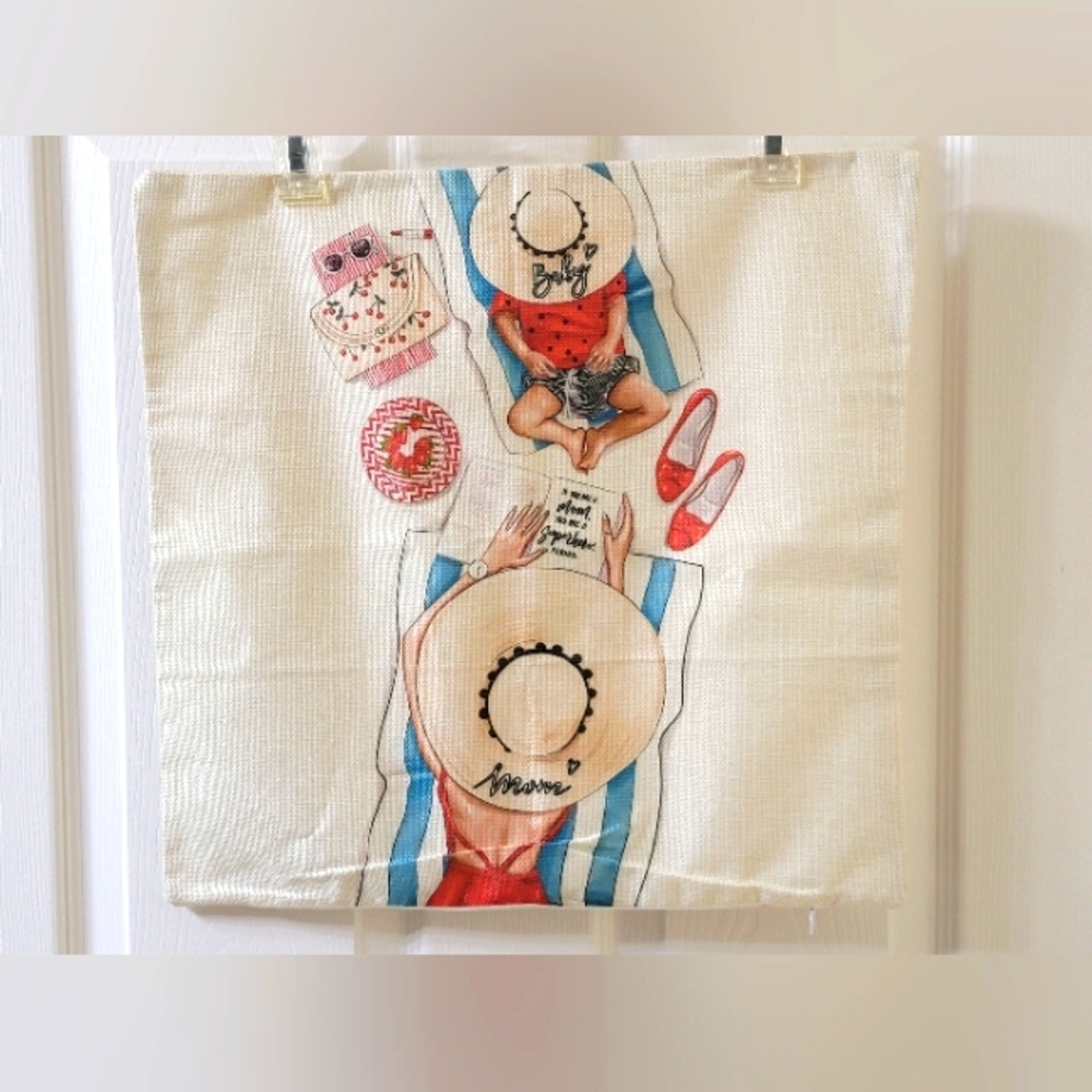 NWOT Mom & Baby with a Hat Red Theme Outdoor Moment Print Art Pillowcase 17"x17"